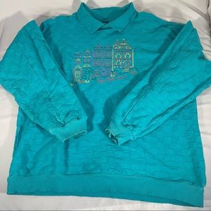 Crazy Shirts Hawaii Long Sleeve Polo Sweater Quilted 80s 90s Teal Blue XL Womens